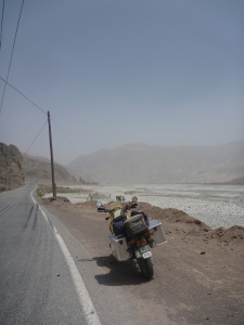 Heading straight into dust storm blowing up Ghez valley from Kashgar